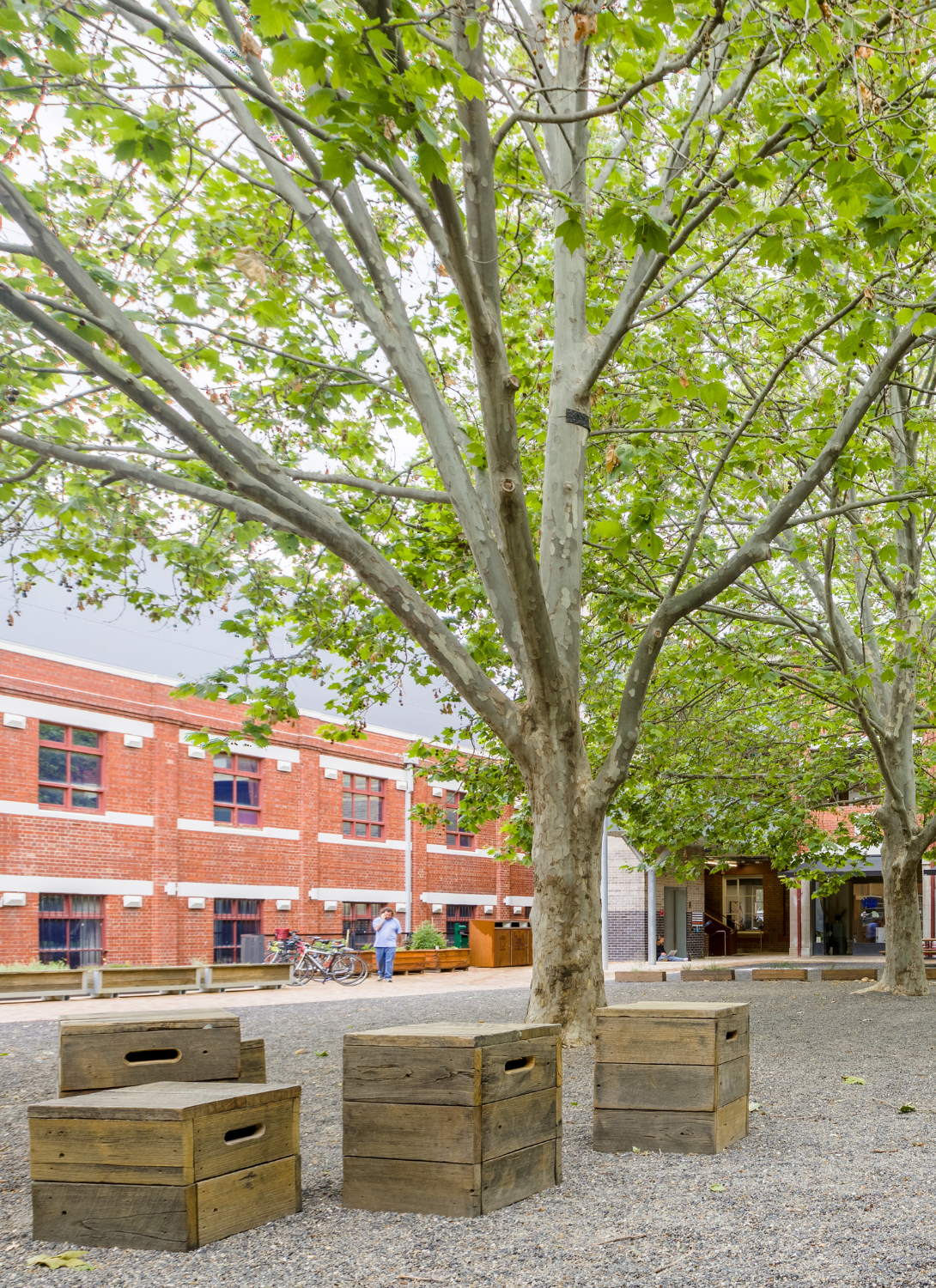 Photo of four wooden crate seats are scattered in the bottom left on grey gravel flooring. To the right is a large tree with green foliage, and in the background is a red brick building.