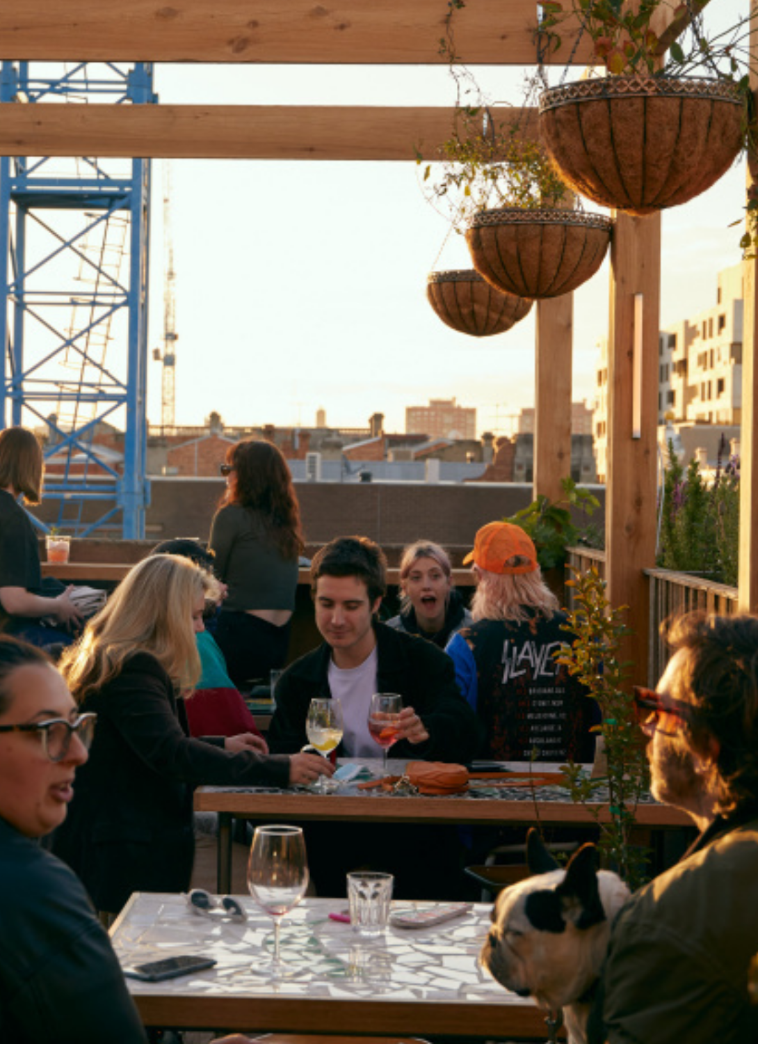 Photo of nine people socialising at Runner Up Rooftop Bar. In afternoon sun the people are sitting at mosaic tables, the space framed by wooden rafters and hanging plants.